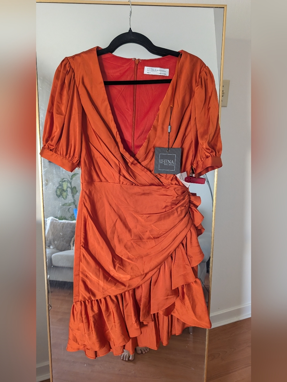 Max Duggal Satin Orange Ruffle Dress